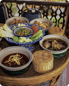Traditional meal served on a woven tray